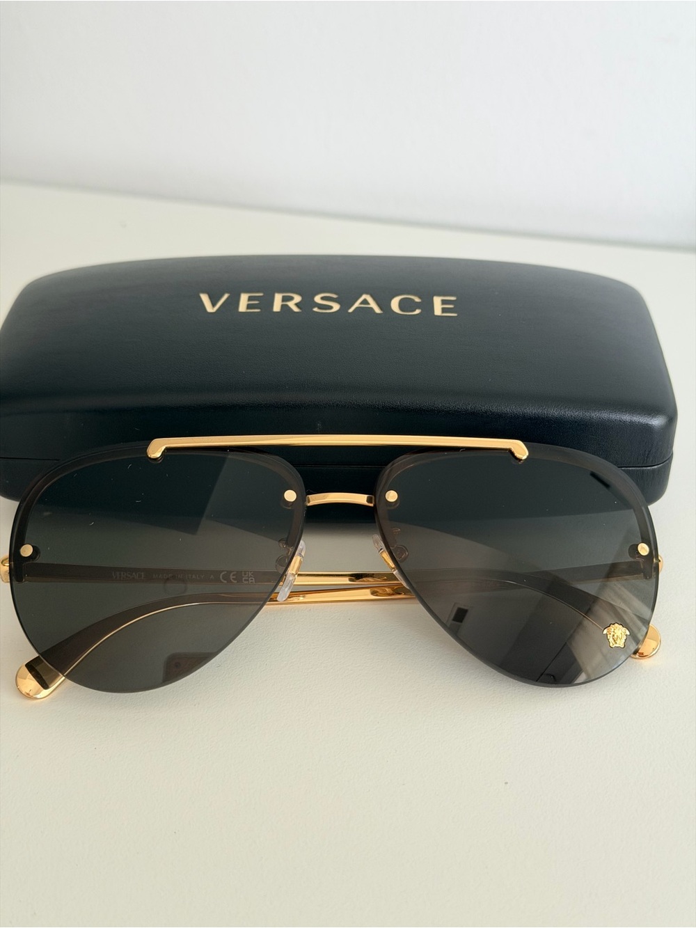 Versace Gold Frame Black Lens Aviator Sunglasses